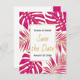 Magenta rosa tropiska löv bröllop spara datum meddelande vykort