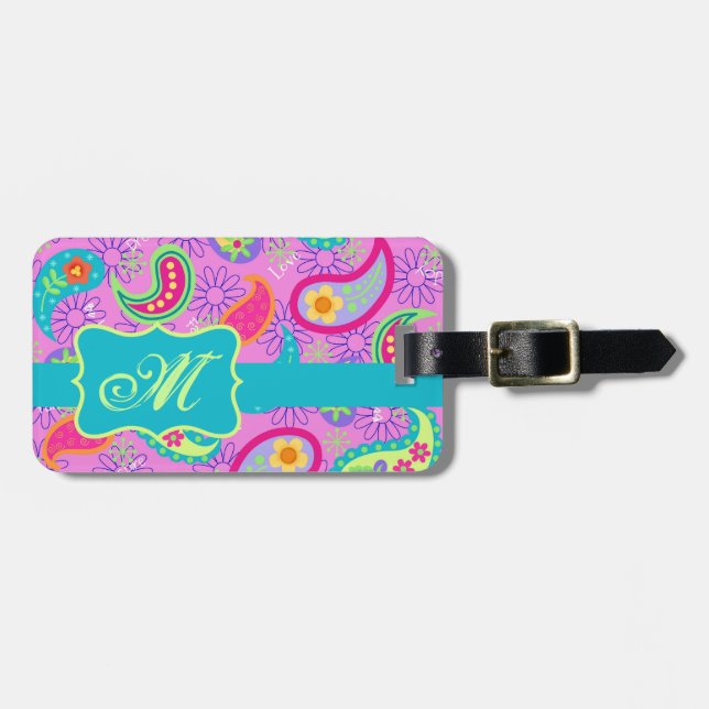 Magenta Rosa Turcos Modern Paisley Monogram Bagagebricka (Horisontell Framsida)