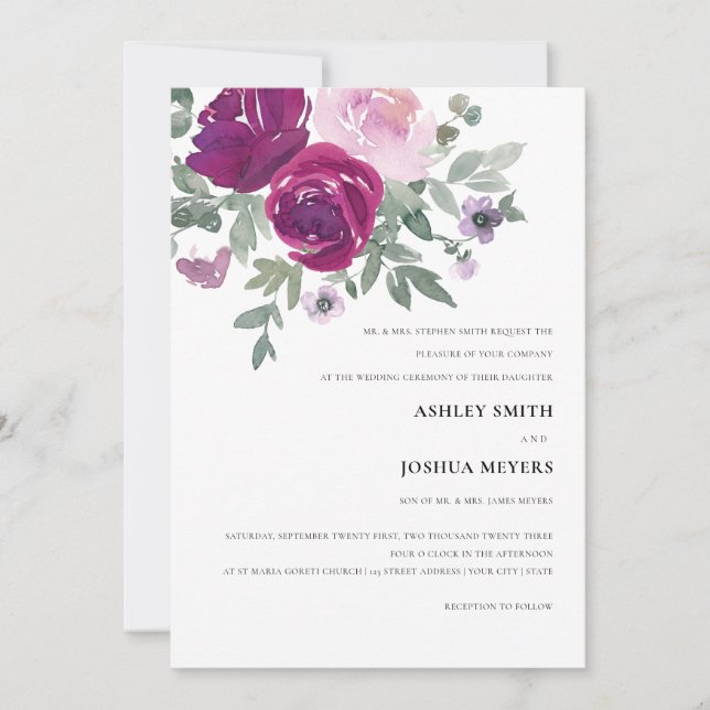 Magenta Rosa Vattenfärg Blommig Bröllop Inbjudningar (Framsida)
