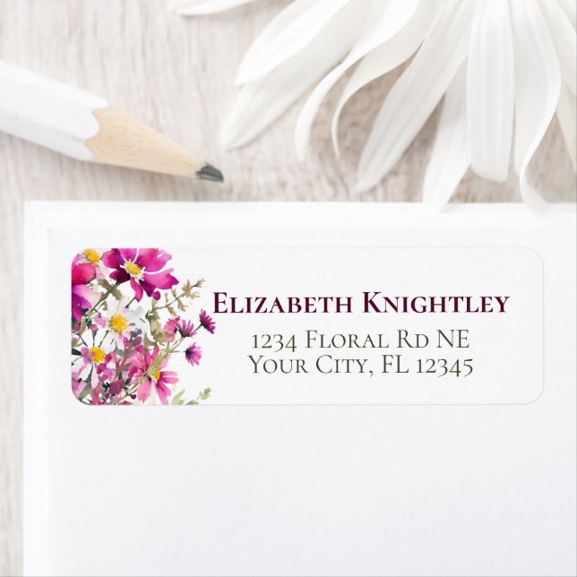 Magenta Rosa Vilda Blommor Färgglada Trädgårdsblom Returadress Etikett (Insitu)