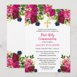 Magenta Rosa Watercolor Blommigt Communion Inbjudningar