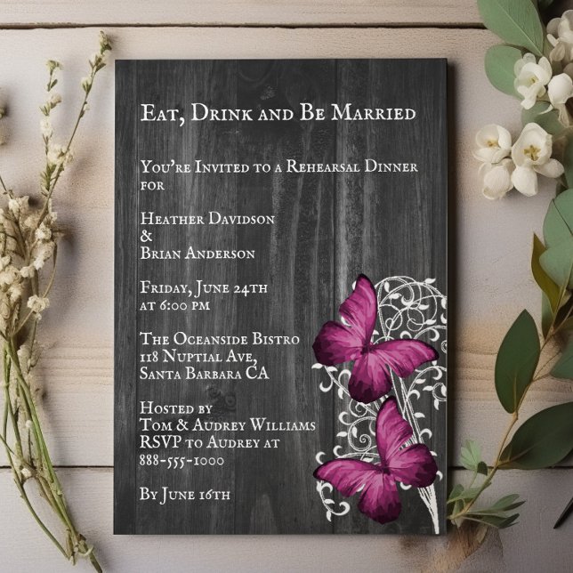 Magenta Rustic Butterfly Bröllop Rehearsal Middag Inbjudningar (Magenta Rustic Butterfly Wedding Rehearsal Dinner Invitation)