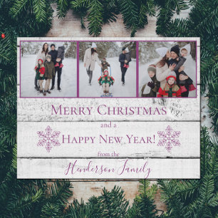 Magenta Rustic Snöflingor Flat Helgdag Photo Card Julkort