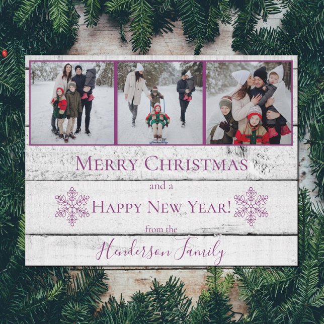 Magenta Rustic Snöflingor Flat Helgdag Photo Card Julkort (Magenta Rustic Snowflakes Holiday Photo Card)