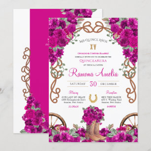 Magenta Rustic Western Charro CowboyBoots Quince Inbjudningar