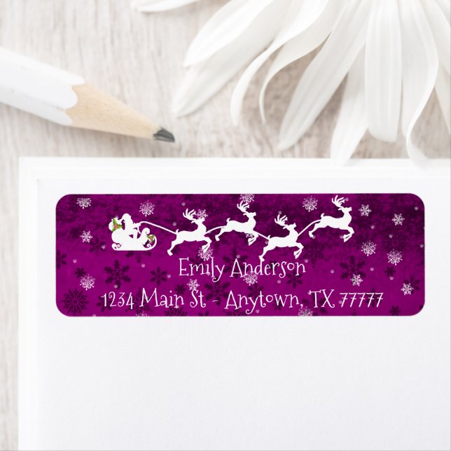 Magenta Santa's Sleigh and Reindeer Address Label Returadress Etikett (Insitu)