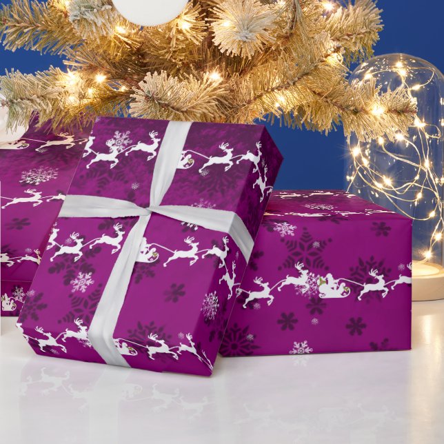 Magenta Santa's Sleigh and Reindeer Wrapping Pappe Presentpapper (Helgdagar)