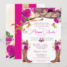 Magenta Shock rosa Finare Charro Quinceanera Inbjudningar