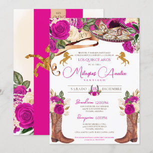Magenta Shock rosa Finare Charro Quinceanera Inbjudningar