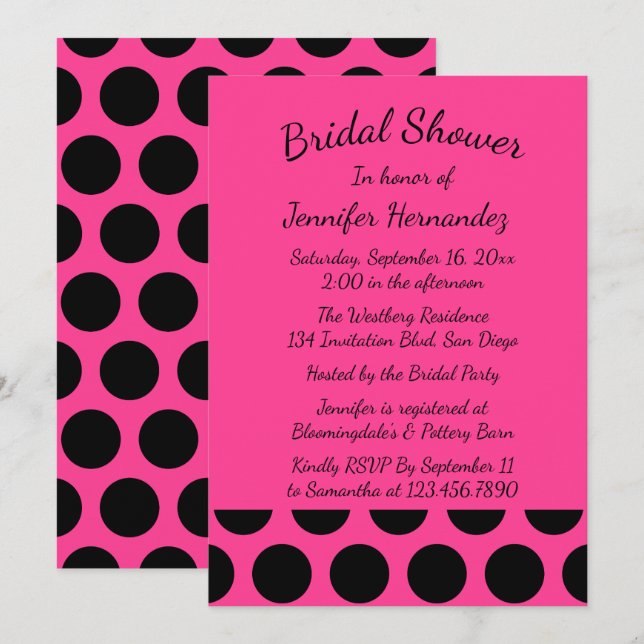 Magenta Shock rosa Möhippa Black Polka dots Inbjudningar (Fram/baksida)