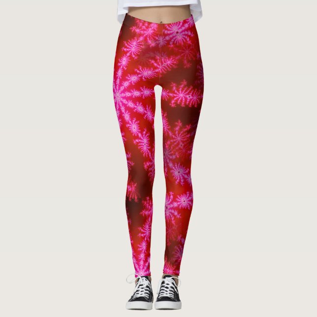 Magenta Shock rosa Psychedelic Mandelbrot Fractal Leggings (Framsida)