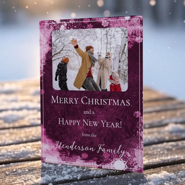 Magenta Snöflingor Platt Högtidlig Fotokort Julkort (Magenta Snowflakes Flat Holiday Photo Card)