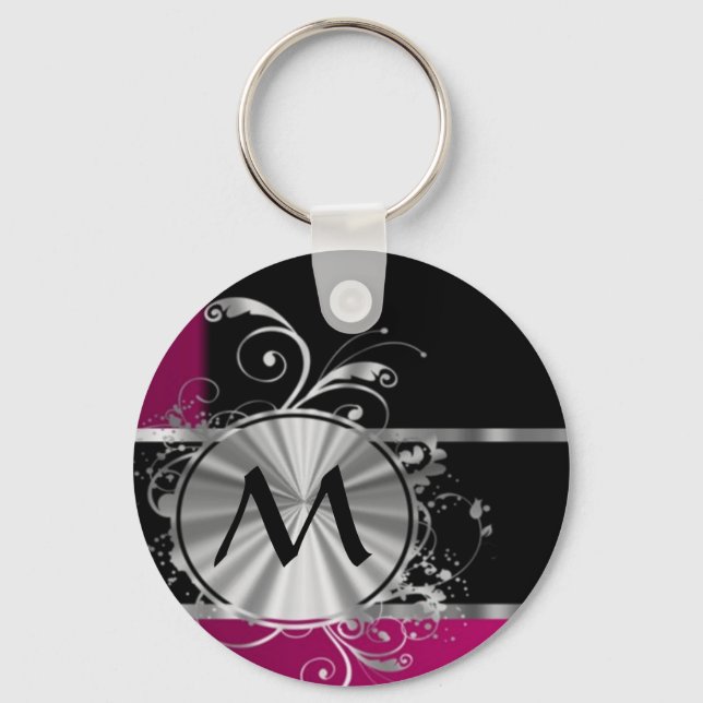 Magenta svart och silver monogram nyckelring (Framsida)