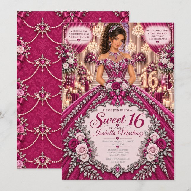 Magenta Sweet 16-firande Inbjudningar (Fram/baksida)