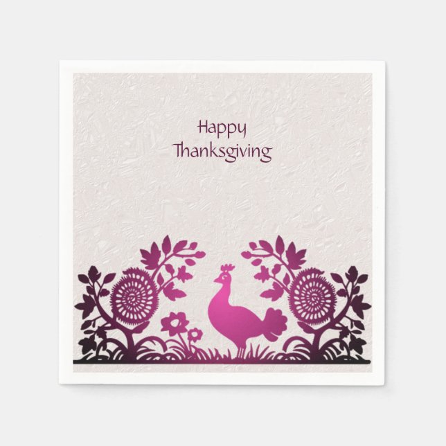 Magenta Thanksgiving Turkiet Blommigt Napkins Pappersservett (Framsidan)