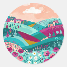 Magenta Turquoise Hill Meadow Rund Sticker Runt Klistermärke