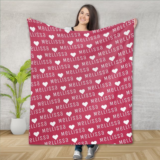 Magenta Upprepande Namn Monogram Heart Fleecefilt (Skapare uppladdad)