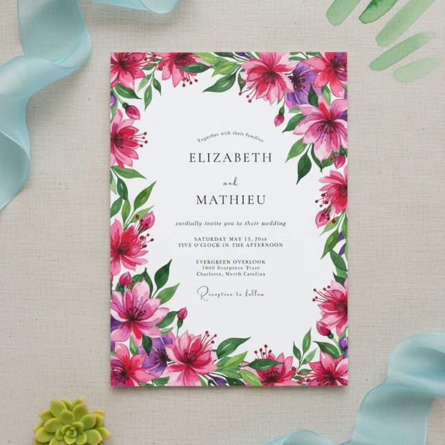 Magenta Vibrant Floral Wedding Inbjudningar (Skapare uppladdad)