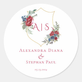 Magenta Vintage Botanisk Blommig Vapen Monogram Runt Klistermärke