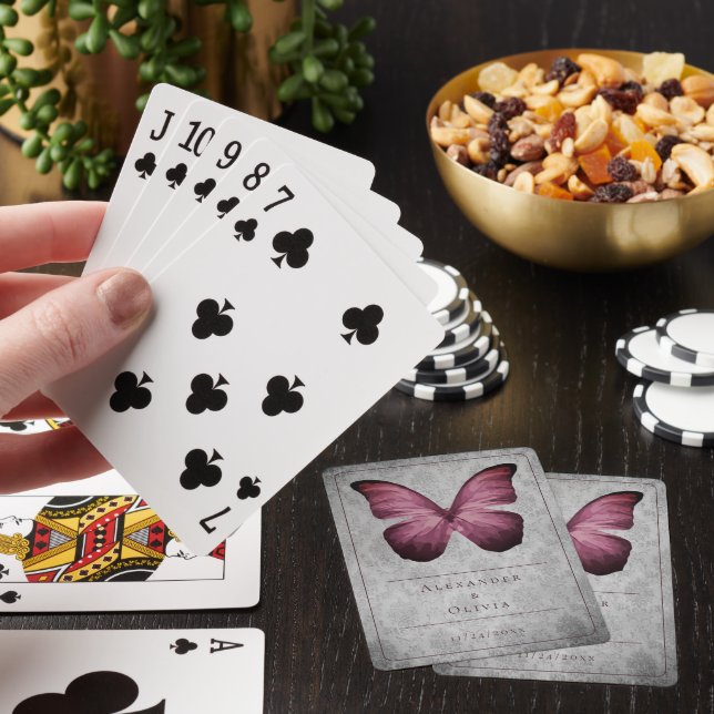 Magenta Vintage Butterfly Damask Casinokort (På plats)