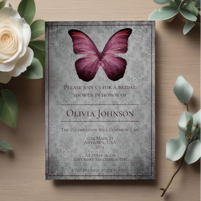Magenta Vintage Butterfly Damask Möhippa Inbjudningar (Magenta Vintage Butterfly Damask Bridal Shower Invitation)