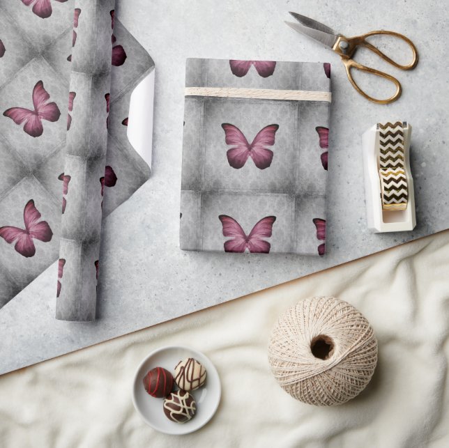 Magenta Vintage Butterfly Damask Presentpapper (Hantverk)