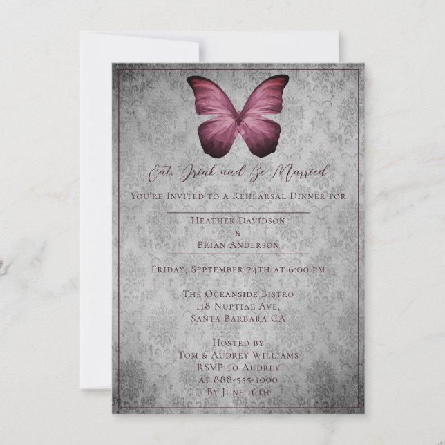 Magenta Vintage Butterfly Damask Rehearsal Dinner Inbjudningar (Framsida)