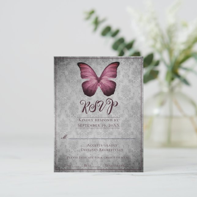 Magenta Vintage Butterfly Damask Wedding OSA Kort (Stående Fram)