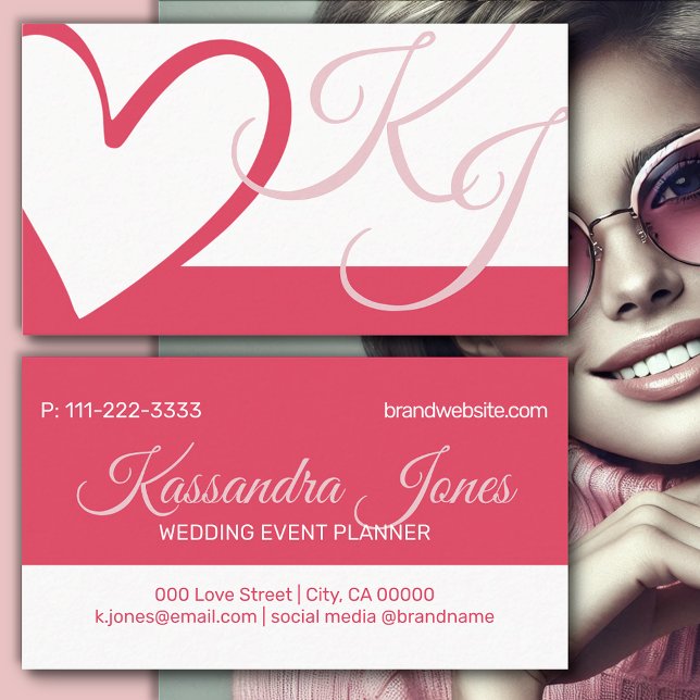 Magenta Vit Kalligrafisk hjärtmonogram Initialer Visitkort (Skapare uppladdad)