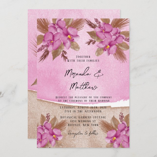 Magenta Watercolor Orchids bröllopsinbjudan 2 Inbjudningar (Fram/baksida)