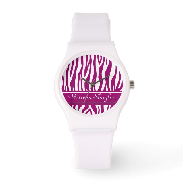 Magenta Zebra tryck med anpassningsbar text Armbandsur (Framsida)