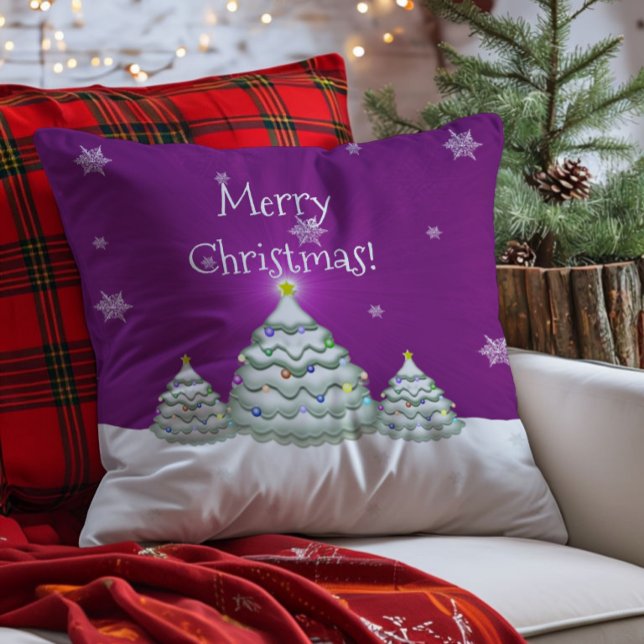 Magentafärgad Snöig Julgran Kastkudde Kudde (Magenta Christmas Tree Throw Pillow)