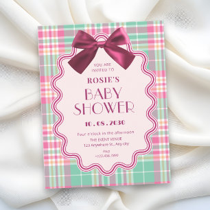 Magentaljus båge och en rosa rutig baby shower inbjudningar