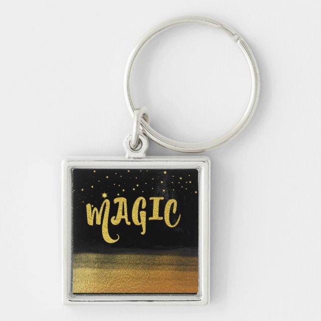 *~* MAGI Guld & Svart Chic Magiska Goda Vibratione Fyrkantig Silverfärgad Nyckelring (Framsidan)