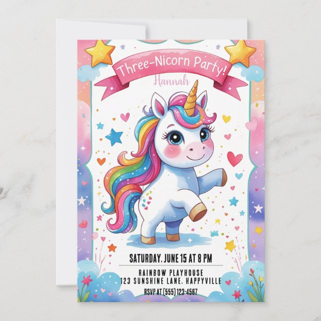 Magic 3rd Birthday Unicorn |Rainbow Three nicorn Inbjudningar (Framsida)
