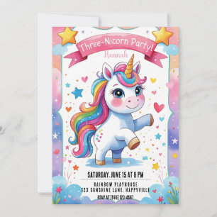 Magic 3rd Birthday Unicorn Rainbow Three nicorn Inbjudningar
