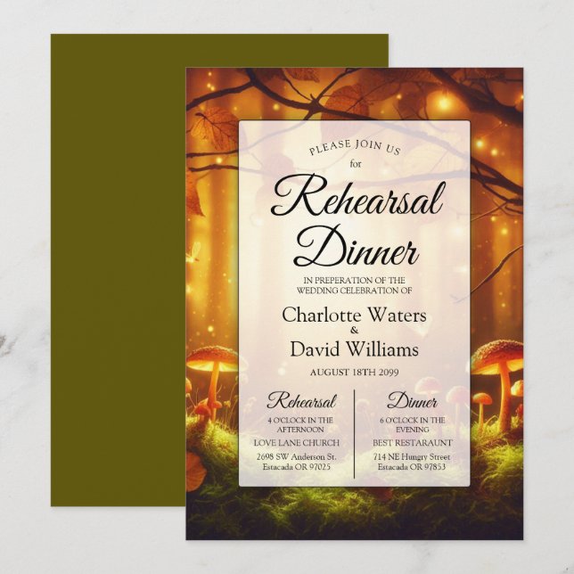 Magic Amber Forest Fairytale Rehearsal Dinner Inbjudningar (Fram/baksida)