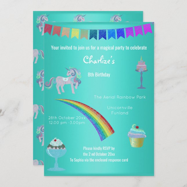 Magic Aqua Chalkboard Unicorn Sweets Birthday Inbjudningar (Fram/baksida)