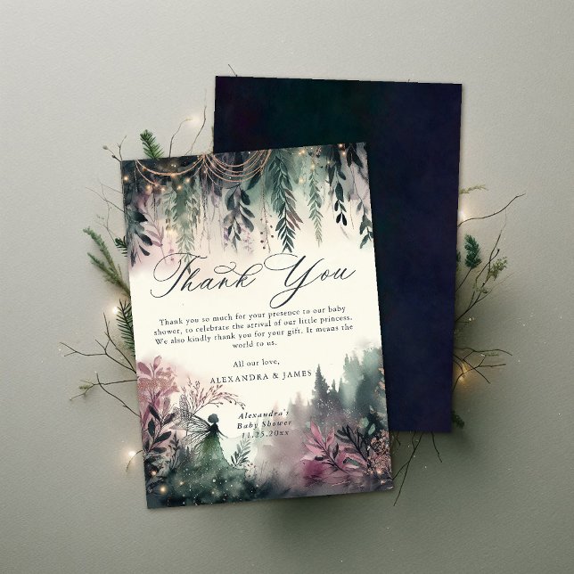 Magic Baby Shower (magisk babystövel för skogsmjöl Tack Kort (baby shower thank you card enchanted forest fairy mountains emerald mauve watercolor elegant simple)