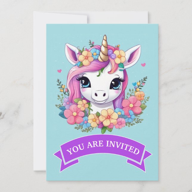 Magic Baby Unicorn med Flowers Inbjudningar (Framsida)