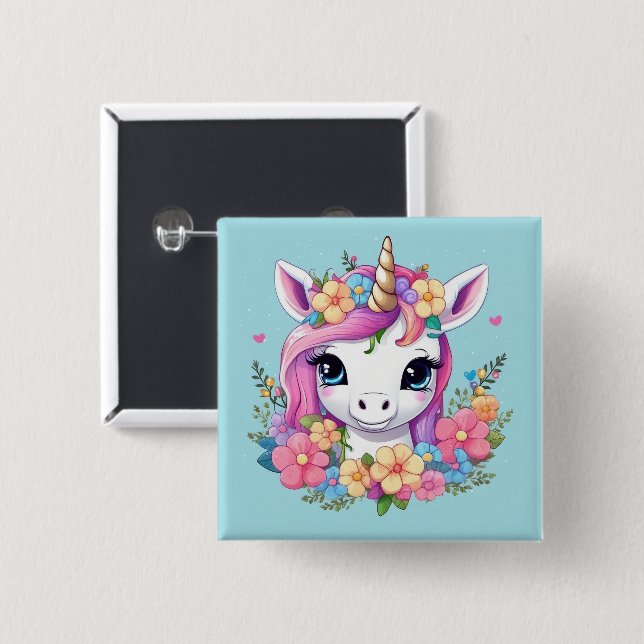 Magic Baby Unicorn med Flowers Knapp (Framsida & baksida)