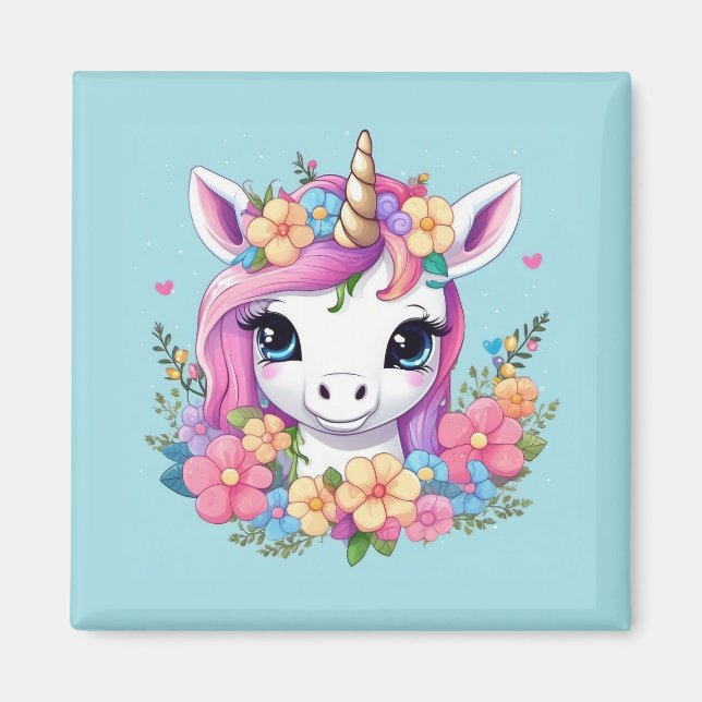 Magic Baby Unicorn med Flowers Magnet (Framsidan)