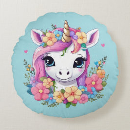 Magic Baby Unicorn med Flowers Rund Kudde