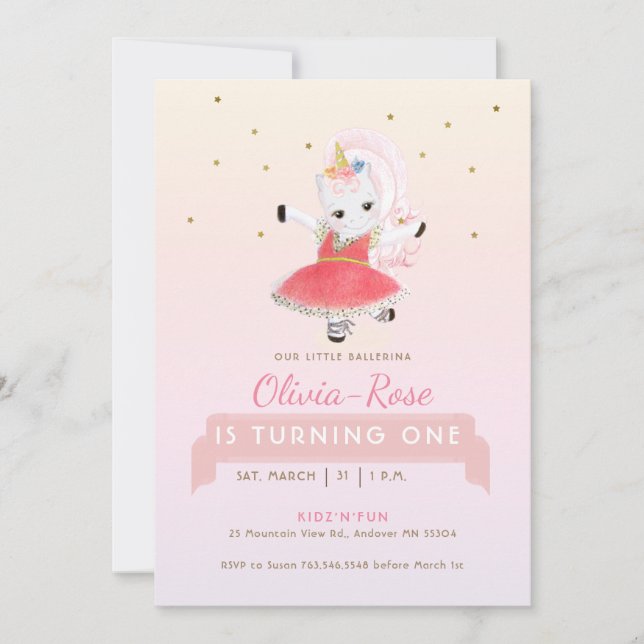 Magic Ballerina Unicorn Rainbow Girl Birthday Inbjudningar (Framsida)