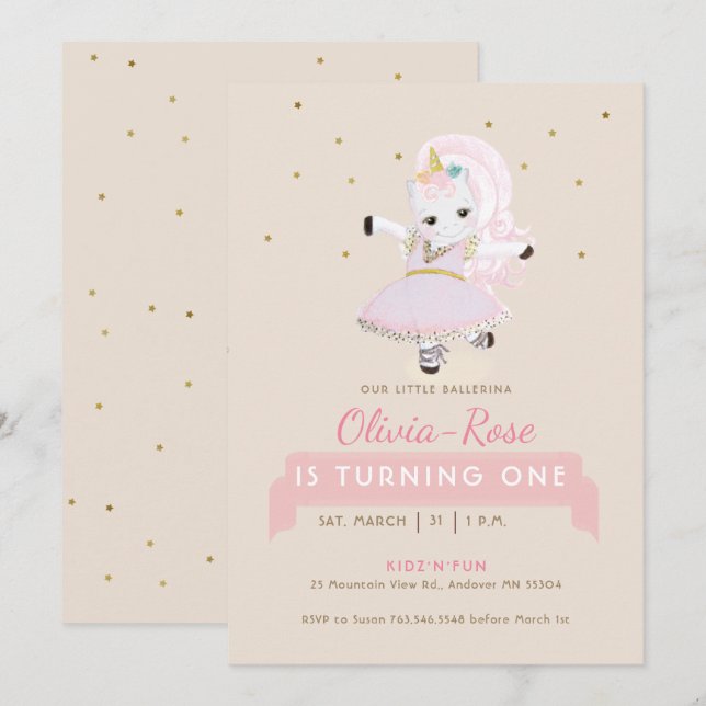 Magic Ballerina Unicorn  Ro Girl Birthday Inbjudningar (Fram/baksida)