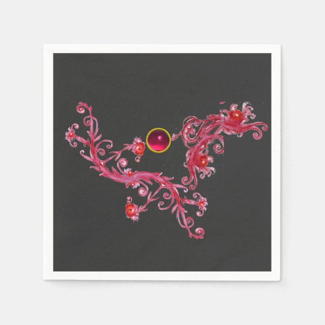 MAGIC BERRIES Red Blommigt Swirls with Gemstone Pappersservett (Framsidan)