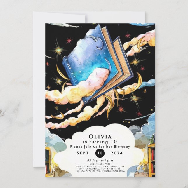 Magic Bibliotek Roligt Storybook Birthday Inbjudningar (Framsida)