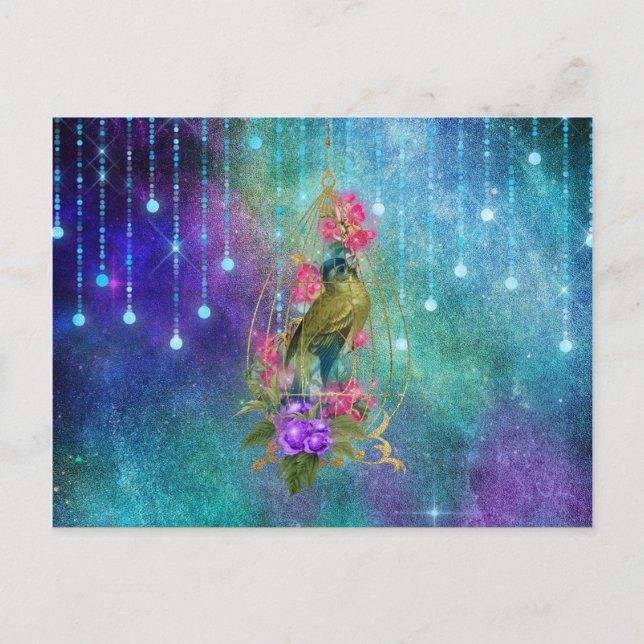 Magic Bird & Cage Blommigt Postcard Vykort (Framsida)