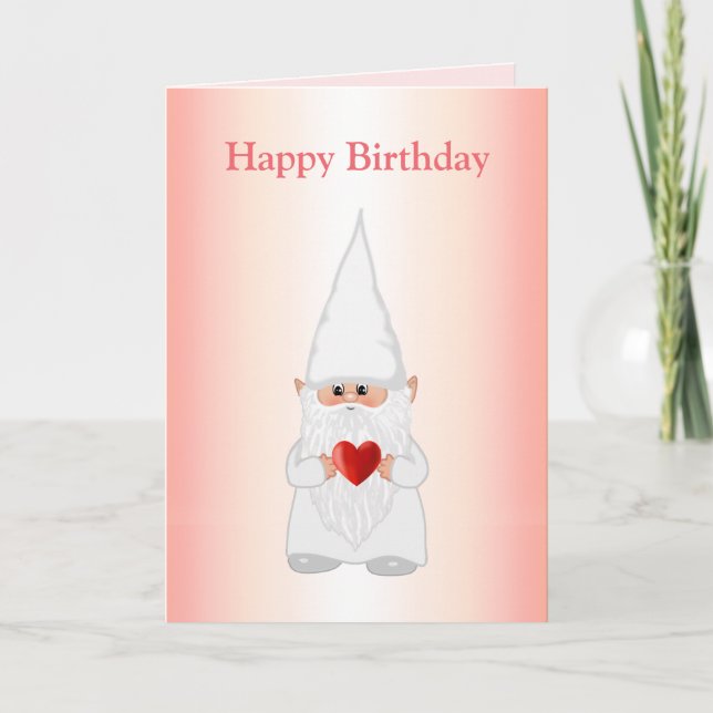 Magic Birthday Gnome med hjärta på Rosa Kort (Framsida)
