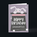 Magic Birthday Magician Kids Grattis på födelsedag Kort<br><div class="desc">Söt magiskt temaportkort för en tjej. Illustration av en söt bunny som skjuter ut huvudet ur top hat. Det finns också ett magiskt trollspö som står bredvid hatten. Inuti hatten står det "grattis på födelsedagen Samantha". Lägg till mottagarens namn här. Det finns också ett sött meddelande inuti som är redigerbart....</div>
